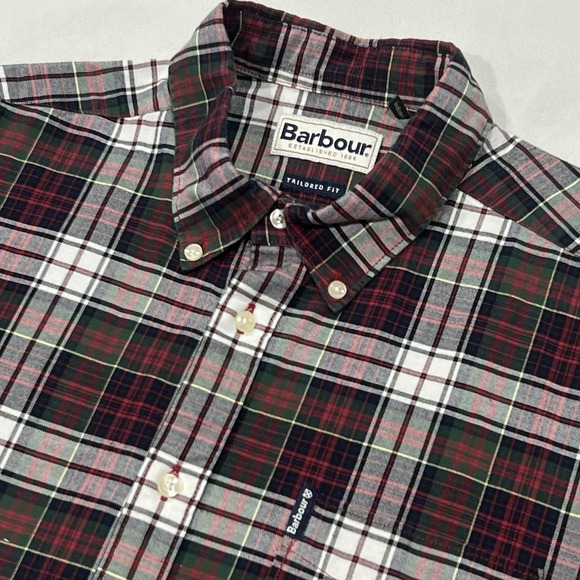Barbour Men Red Green Tartan Plaid Tailored Fit Button Down Cotton Shirt Medium - Picture 1 of 9